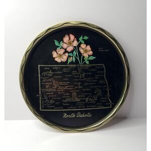 Vintage 1960's Metal Black Souvenir North Dakota State Plate Tray 11"